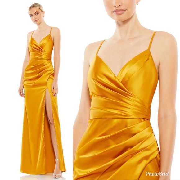 Revolve Mac Duggal Ieena SATIN SLEEVELESS FAUX WRAP RUCHED GOWN in Marigold - Picture 1 of 12
